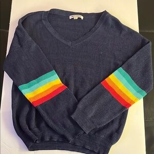 Wild Honey Navy Blue Rainbow Striped Sleeve Pullover Sweater, medium